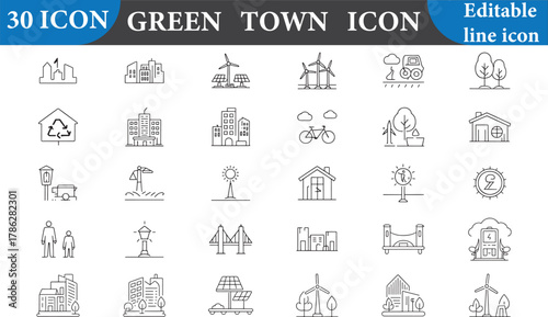 Green town icon set isolated on white background, editable line icon style