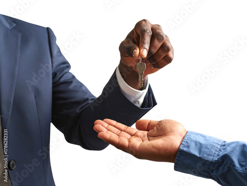  Close-Up of Real Estate Agent Hand Passing Keys to Homebuyer, Front View, Isolated on Transparent Background