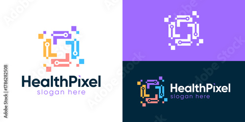 Creative simple health pixel logo template. Abstract plus symbol with digital for Medical tech logo design vector illustration.