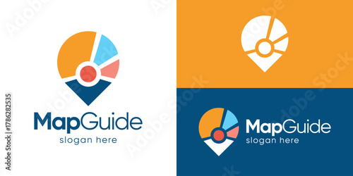 Creative simple map guide logo template. Map pin location point logo design vector illustration.