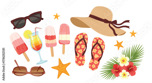 Vibrant collection of summer beach vacation essentials, including a sun hat, sunglasses, flip-flops, popsicles, and a tropical cocktail, isolated on a clean white background.