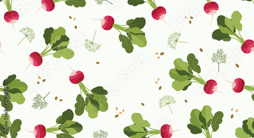 Fresh and healthy seamless pattern of pink radishes with vibrant green leaves, dill, and seeds scattered on a clean white background, great for kitchen or food packaging.