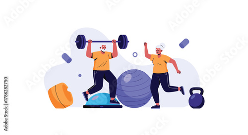 Energetic vector illustration of a senior couple exercising with weights and a fitness ball, promoting an active and healthy lifestyle for the elderly on a white background.