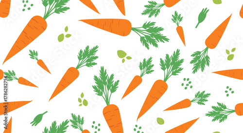 Bright and cheerful seamless pattern of fresh orange carrots with green tops scattered randomly on a clean white background, perfect for healthy food or Easter themes.