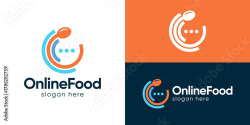 Creative simple online food logo template. Circle or plate with bubble chat and technology symbol for Food order logo design vector illustration.