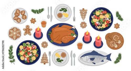 Flat lay illustration of a festive Christmas holiday dinner spread, featuring a roasted turkey, salads, baked fish, gingerbread cookies, and candles on a white background.