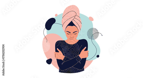 Modern flat illustration of a woman with a pink towel on her head lovingly hugging herself, symbolizing self-care and body positivity against an abstract pastel background.