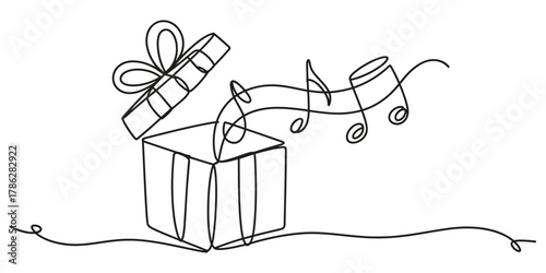 Minimalist line art drawing of a gift box with music notes emerging.