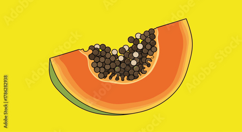 Stylized cartoon illustration of a juicy orange papaya slice with numerous black seeds and a green skin, presented against a bright, solid yellow background for a tropical feel.