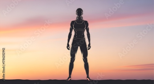 Silhouette of an athletic woman standing against a gradient sunset sky, exuding strength and calm.