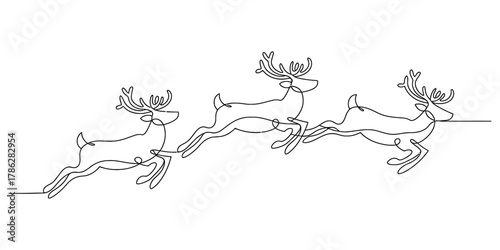 Minimalist continuous line art drawing of three leaping reindeer
