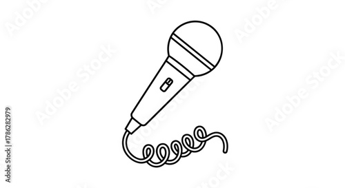 Simple black outline illustration of a handheld microphone with a coiled cord, isolated on a white background, representing music, speaking, and public performance.