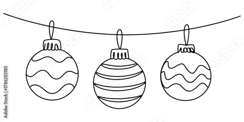 Three simple line art christmas ornaments hanging on a string