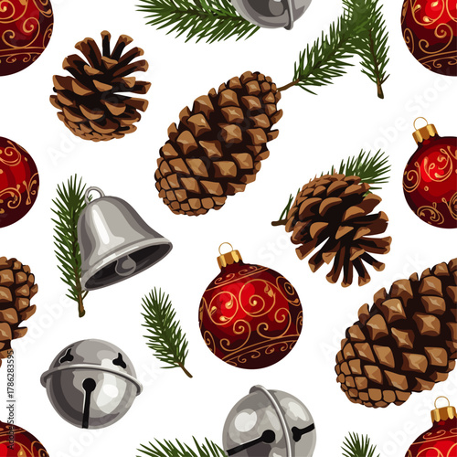 A festive seamless pattern displays traditional Christmas decorations: red baubles, pine cones, fir branches, and silver bells, perfect for holiday design.
