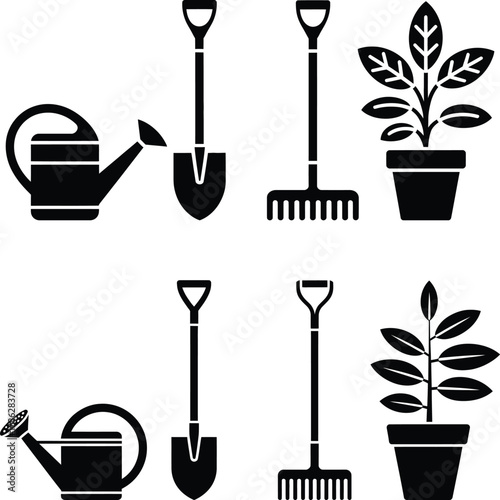 Black and white illustrations of gardening tools and potted plants perfect for garden design and lan