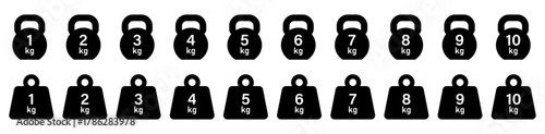 Set of kettlebell and weight icons from 1 kg to 10 kg used in fitness, gym, workout, exercise, and training equipment. Icons, vector, illustrations, symbols.
