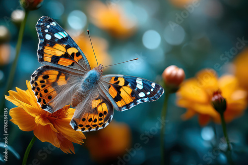 Beautiful butterfly rests on vibrant flower among blossoming garden in bright sunlight