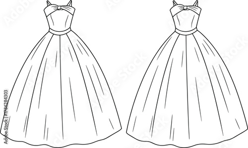 Elegant ball gown dress fashion flat sketch, strapless fitted bodice with full flared skirt design, bridal evening wear vector illustration