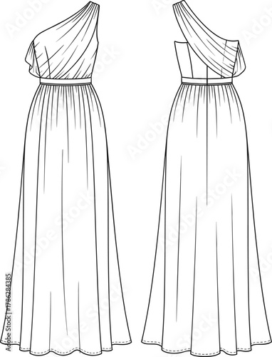 Elegant one shoulder evening dress fashion flat sketch, long draped gown with waistband and pleated detailing, front and back illustration design