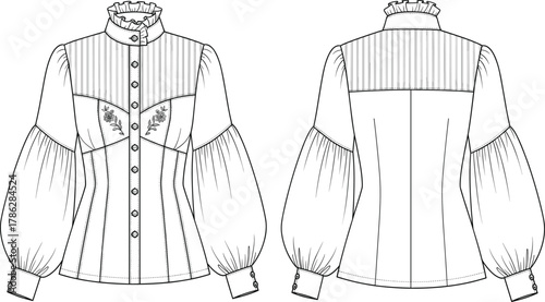 Elegant women blouse fashion flat sketch, vintage puff sleeve shirt with ruffle collar, embroidery detail, front and back technical drawing illustration