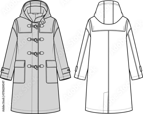 Stylish duffle coat fashion flat sketch, long hooded outerwear with toggle closure and front pockets, detailed front and back technical drawing illustration