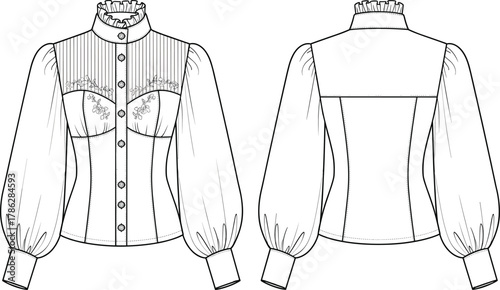 Stylish women blouse fashion flat sketch, elegant puff sleeve shirt with ruffle collar, floral embroidery, detailed front and back technical drawing illustration