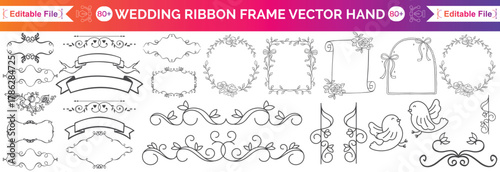 Wedding ribbon frame, doodle watercolour bow border set, vector hand drawn holiday invitation design. Coquettish girly wavy line print, birthday greeting minimalist cute decor. Elegant ribbon frame
