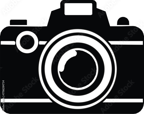 DSLR camera black silhouette vector, Simple silhouette Design vector icon with white background.