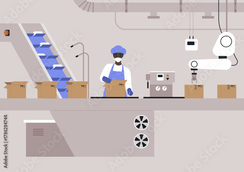 In a lively factory, workers and machines collaborate to package products efficiently, An assembly line showcases a worker sealing boxes while a robotic arm assists nearby.