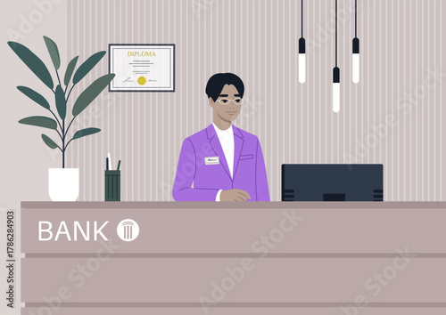 A bank receptionist stands at a stylish front desk, ready to assist visitors, The space is adorned with unique lighting and organized office supplies, creating a warm environment for guests.