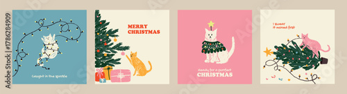 Funny posters collection with Christmas cats. Cute hand drawn holiday cards with playful kittens and christmas trees