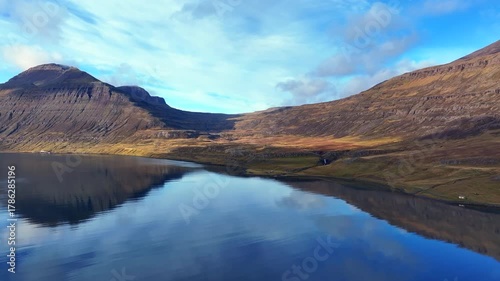 Aerial view of the scenery in a fjord of Iceland