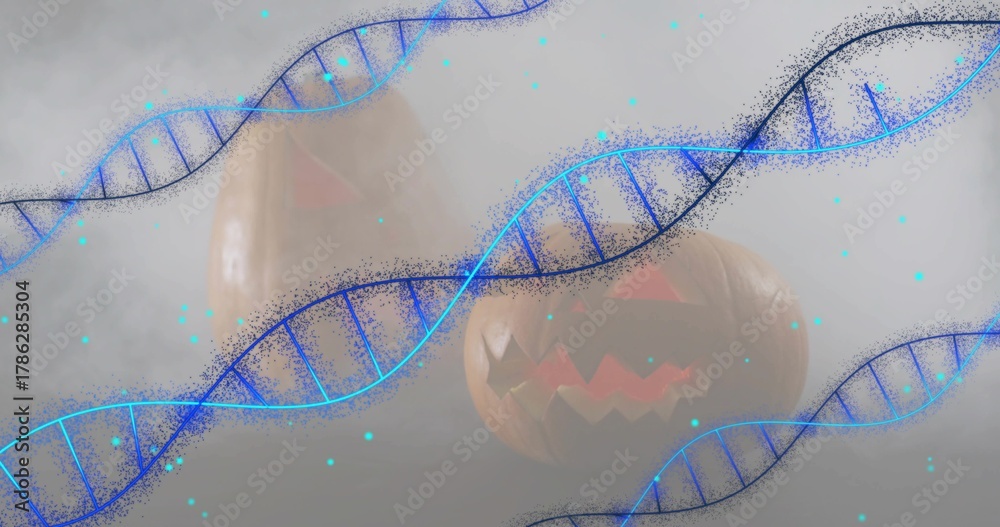 Naklejka premium Glowing two carved pumpkins casting warm glow on tabletop, surrounded by blue DNA helixes, cyan fog