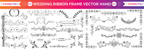 Wedding ribbon frame, doodle watercolour bow border set, vector hand drawn holiday invitation design. Coquettish girly wavy line print, birthday greeting minimalist cute decor. Elegant ribbon frame