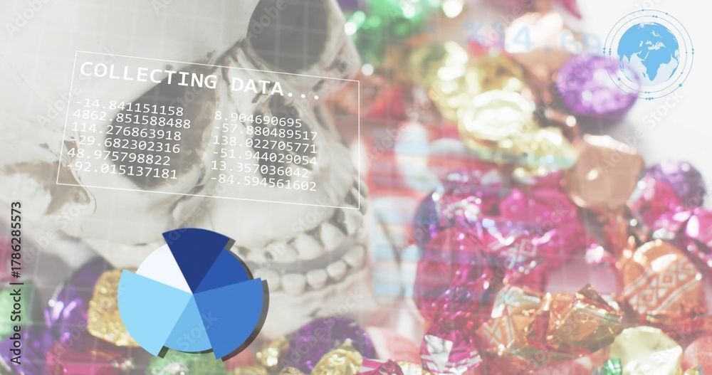 Fototapeta premium Displaying pale skull left-side in studio, showing data overlays and metallic wrappers, copy space