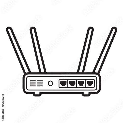 Illustration of a wireless router with four antennas isolated on white background for internet connection