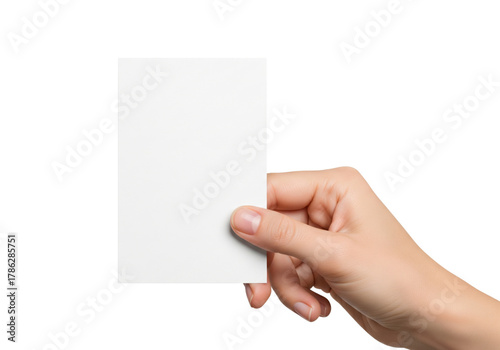 Hand holding a blank vertical business card or flyer mockup, isolated on white