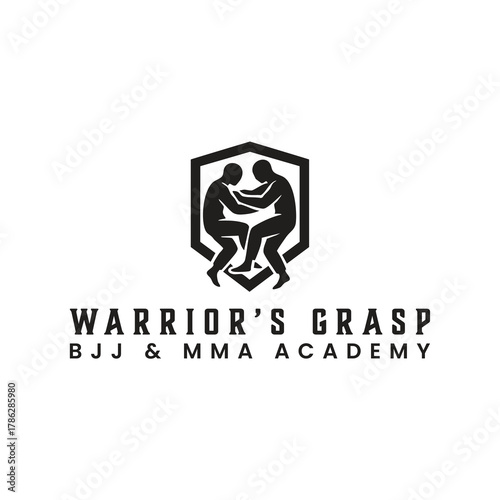 The modern monochrome emblem features two grappling figures within a bold geometric shield. It symbolizes the skill, defense, and intensity of Brazilian Jiu-Jitsu (BJJ) and mixed martial arts (MMA)