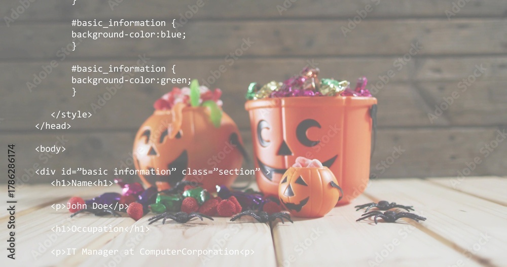Fototapeta premium 2 pumpkin buckets spilling candies or spiders on wood table, HTML overlay showing John Doe IT Manage