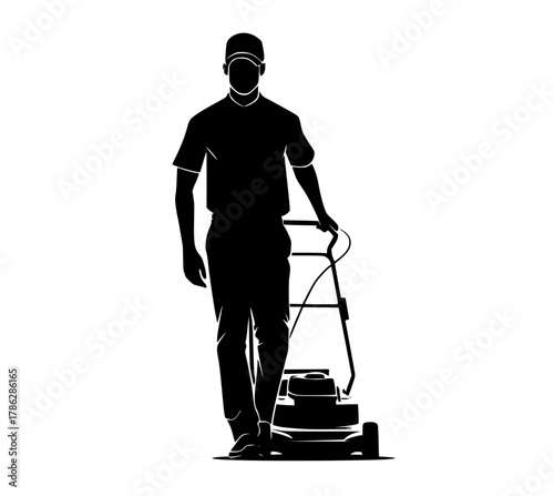 a silhouette of a man mowing the lawn with a lawnmowerblack, lawn, man, mower, profile, push, wear 
