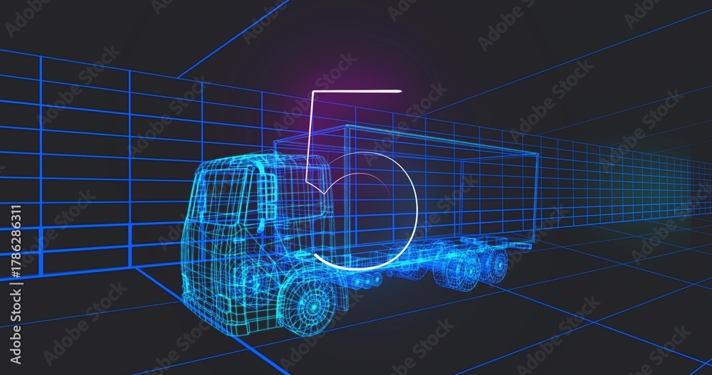 Fototapeta premium Displaying wireframe 3D semi-truck with trailer rotating in virtual grid studio, with numeral 5