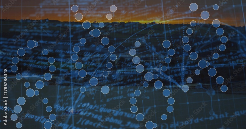 Obraz premium Displaying blue nodes forming helix strands over dark ridge at sunset, with grid and code lines