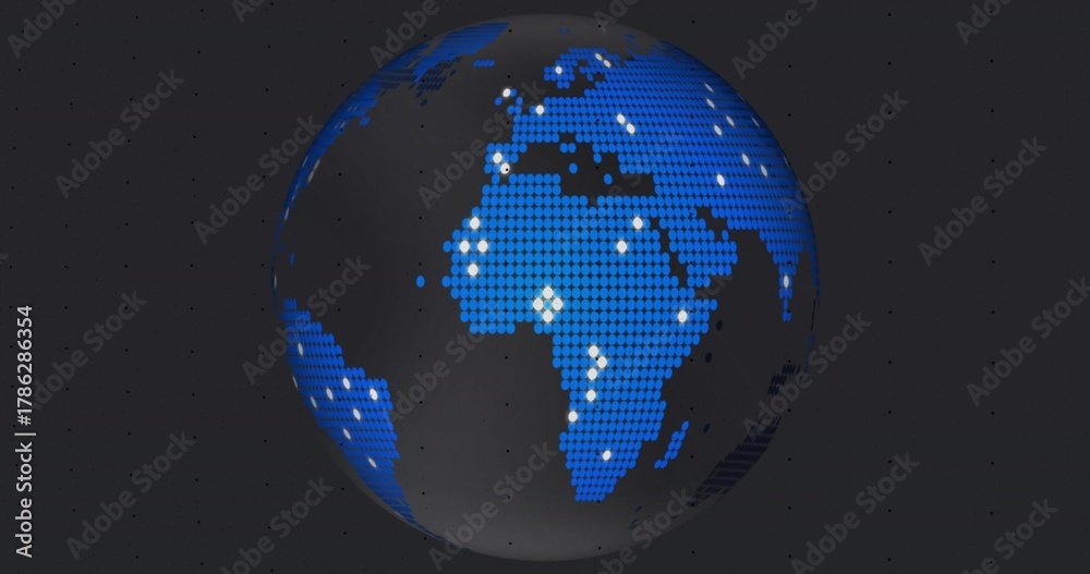 Fototapeta premium Dominating stylized globe showing Africa, Europe, Mideast in digital studio, with white data nodes