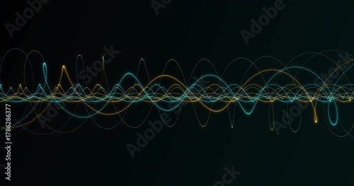 Glowing waveform band moving across dark gradient background, showing cyan and yellow neon traces