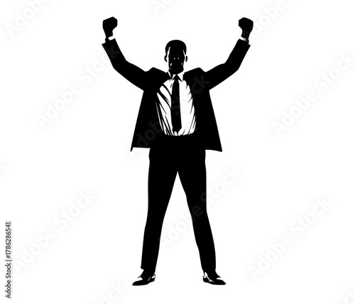 a silhouette of a man in a formal suit with his arms raisedarm, black, business suit, businessman, cheer, hand, lift, man, muscle, profile, stand, suit, tie 