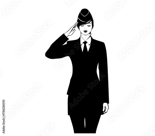 a silhouette of a female air force pilot salutingblack, business suit, dress, hand, hat, illustration, man, profile, salute, stand, suit, tie, wear, woman 