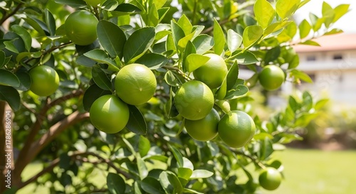 Green Limes Growing on Tree Branch with Leaves in Sunlight