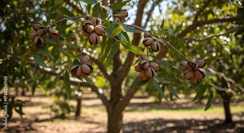 Pecan Nuts Ripening on Tree Branch in Orchard with Soft Bokeh Background
