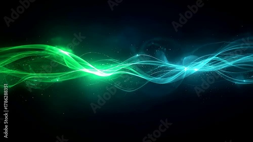 Glowing green and blue energy waves swirling across dark abstract backdrop