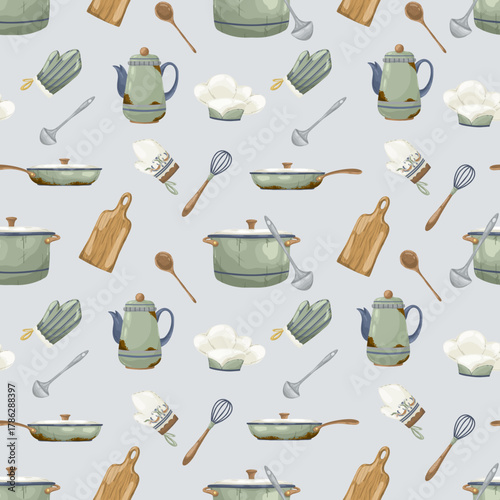 Seamless kitchen pattern border of rustic tea service items: teacups, teapots, and creamer pitchers with folk floral ornaments. Hand-drawn vector illustration, ideal for cafe menus, stationery